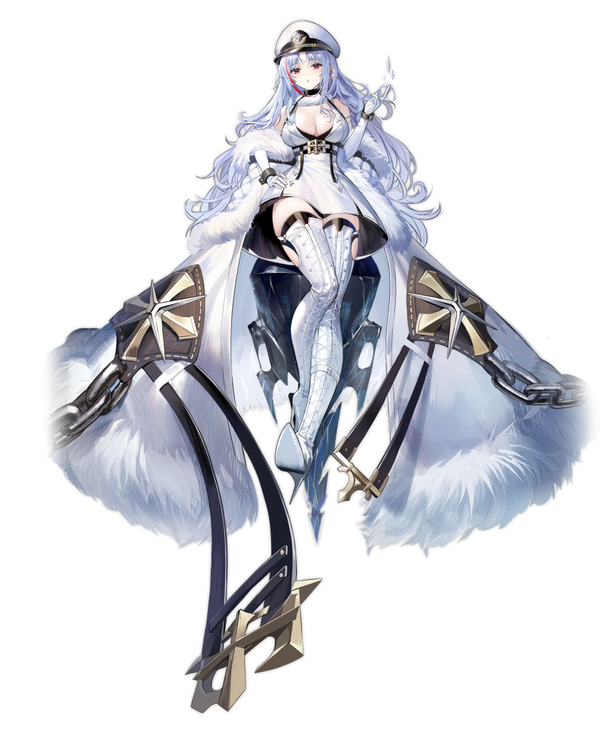 azur_lane bare_shoulders belt black_choker boots breasts choker cleavage coat cross-laced_footwear dress female full_body fur_trim gloves halter_dress halterneck hand_on_own_hip hand_up hat high_heel_boots high_heels highres ice lace-up_boots large_breasts long_coat long_hair long_sleeves looking_at_viewer military_hat mole mole_on_breast multicolored_hair off_shoulder official_art open_clothes open_coat parted_bangs parted_lips pavapo peaked_cap red_eyes short_dress solo streaked_hair tallinn_(azur_lane) thigh_boots thighhighs transparent_background very_long_hair white_coat white_dress white_footwear white_gloves white_hair white_hat zettai_ryouiki