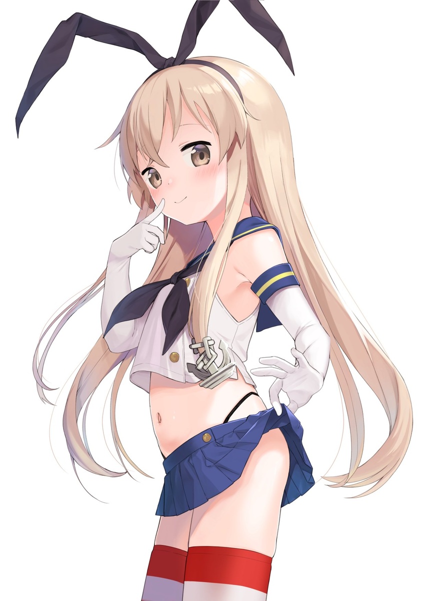 anchor_hair_ornament black_neckerchief black_panties blonde_hair blue_sailor_collar blue_skirt blush brown_eyes clothes_lift dx_(dekusu) elbow_gloves female gloves hair_ornament hairband highleg highleg_panties highres kantai_collection lifting_own_clothes long_hair miniskirt navel neckerchief panties pointing pointing_at_self sailor_collar school_uniform serafuku shimakaze_(kancolle) simple_background skirt skirt_lift smile solo striped_clothes striped_thighhighs thighhighs underwear white_background white_gloves