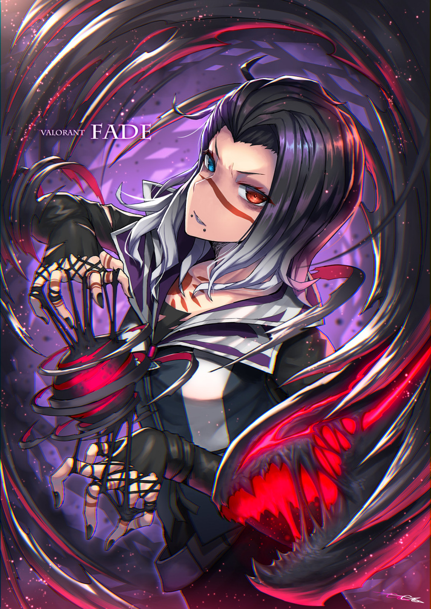 animification black_gloves black_hair black_nails character_name chest_tattoo copyright_name facial_mark fade_(valorant) female fingerless_gloves gia gloves gradient_hair heterochromia highres lip_piercing long_hair looking_at_viewer multicolored_hair piercing solo tattoo valorant