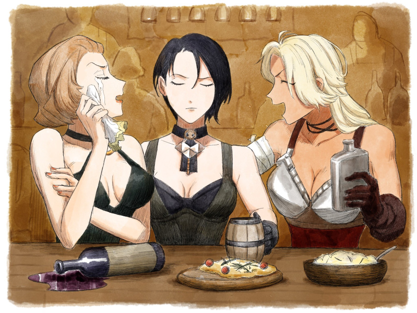 3girls alcohol black_hair blonde_hair bottle breasts brown_gloves brown_hair catherine_(fire_emblem) cleavage closed_eyes commentary dark-skinned_female dark_skin fire_emblem fire_emblem:_three_houses flask food gloves hair_slicked_back highres ju_gyo_in manuela_casagranda multiple_girls plate shamir_nevrand sitting smile table tears wine wine_bottle