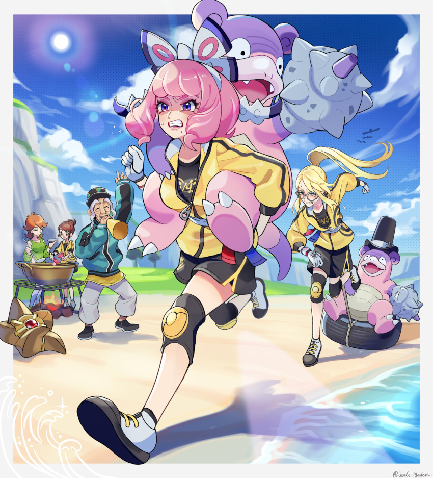 2boys 3girls avery_(pokemon) beach blonde_hair bow breasts carrying clenched_teeth clothed_pokemon cloud commentary cooking day drill_hair eyeshadow flipped_hair galarian_slowbro glasses gloria_(pokemon) gloves hairband hairbow hat highres honey_(pokemon) jacket janis_(hainegom) klara_(pokemon) long_sleeves makeup master_dojo_uniform max_soup medium_breasts mole mole_under_mouth multiple_boys multiple_girls mushroom mustard_(pokemon) old old_man outdoors piggyback pink_eyeshadow pink_hair pink_lips pokemon pokemon_(creature) pokemon_swsh ponytail pot purple_eyes rope running short_hair shorts sky staryu sweat teeth tire top_hat twin_drills white_bow white_hairband yellow_jacket