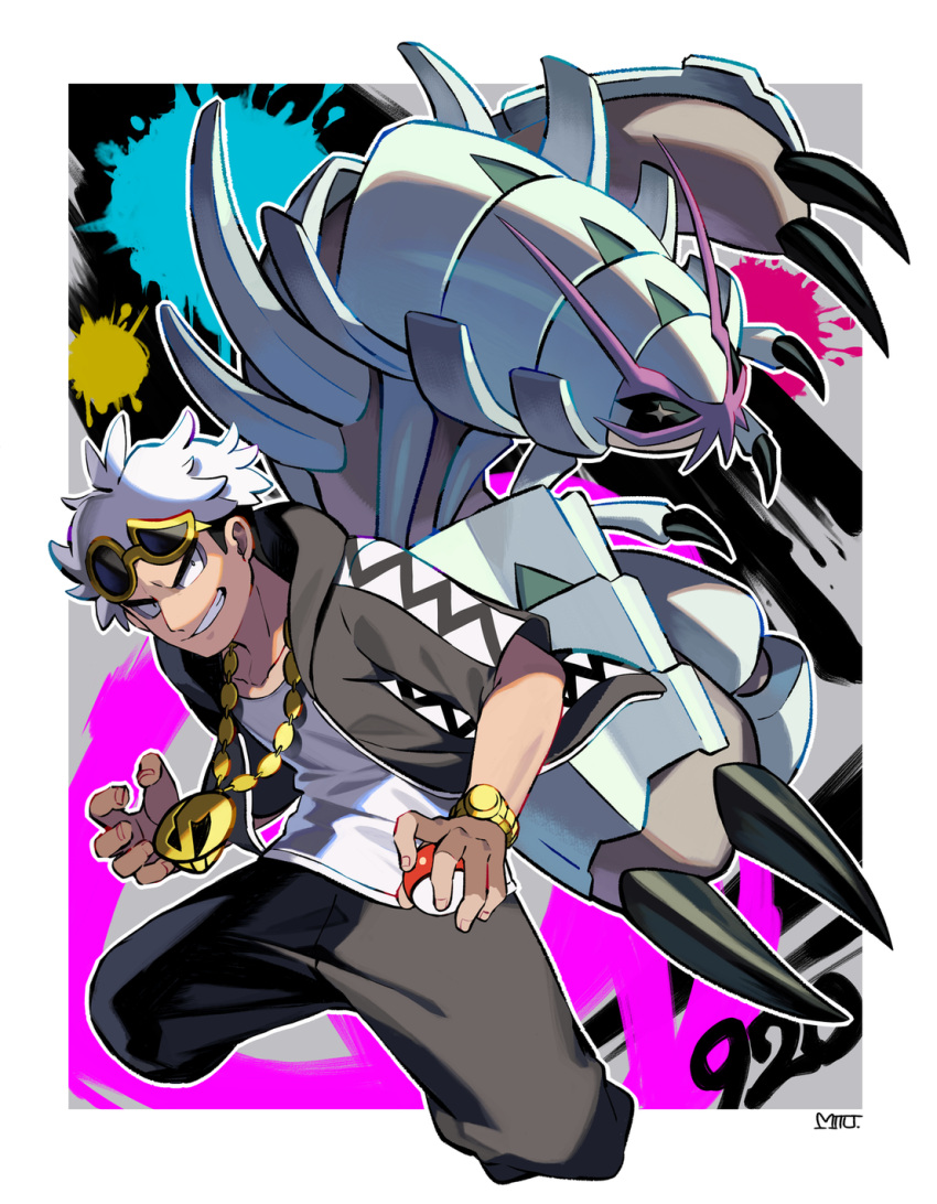 1boy bad_id bad_pixiv_id black_hair black_jacket black_pants border commentary_request eyewear_on_head golisopod guzma_(pokemon) highres holding holding_poke_ball hood hooded_jacket jacket male_focus mitsu_(mitu_328) multicolored_hair pants poke_ball poke_ball_(basic) pokemon pokemon_(creature) pokemon_sm shirt short_sleeves signature smile smirk sunglasses team_skull teeth two-tone_hair undercut white_border white_hair white_shirt yellow-framed_eyewear