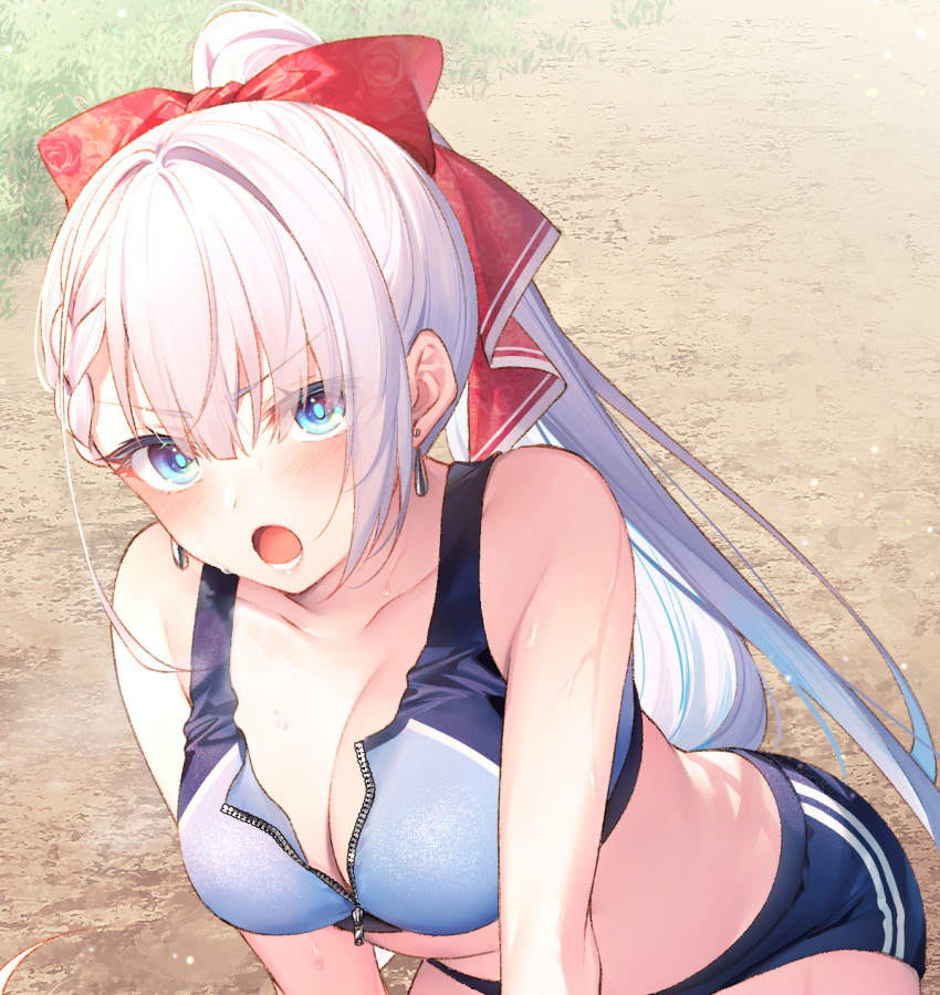 :o bare_arms bare_shoulders bent_over black_buruma blue_eyes bow braid breasts buruma cleavage collarbone crop_top cropped earrings female frown hairbow hands_on_own_knees highres jewelry large_breasts long_hair looking_at_viewer midriff novel_illustration official_art open_mouth ponytail riselia_ray_crystalia seiken_gakuin_no_maken_tsukai shirt sidelocks sleeveless sleeveless_shirt solo sports_bra standing toosaka_asagi two-tone_sports_bra unzipped v-shaped_eyebrows very_long_hair wet white_hair zipper