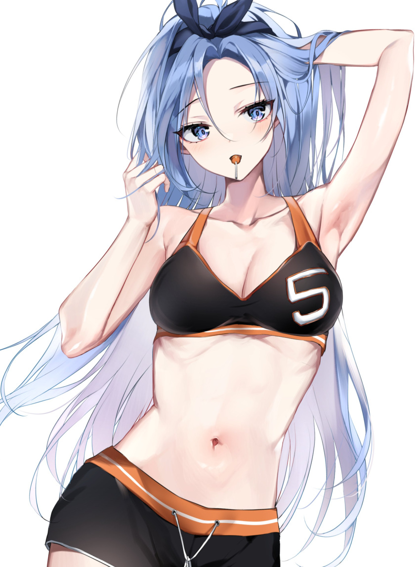 absurdres arm_up armpits bad_id bad_twitter_id bae_minah_(chaesu) bara_(03_bara_) black_hairband black_shorts black_sports_bra blue_eyes blue_hair blush borrowed_character breasts candy cleavage clothes_writing collarbone drawstring english_commentary female food forehead gym_shorts hairband hand_in_own_hair highres lollipop long_hair looking_at_viewer medium_breasts mouth_hold navel original ribs shorts solo_focus sports_bra stomach toned white_background