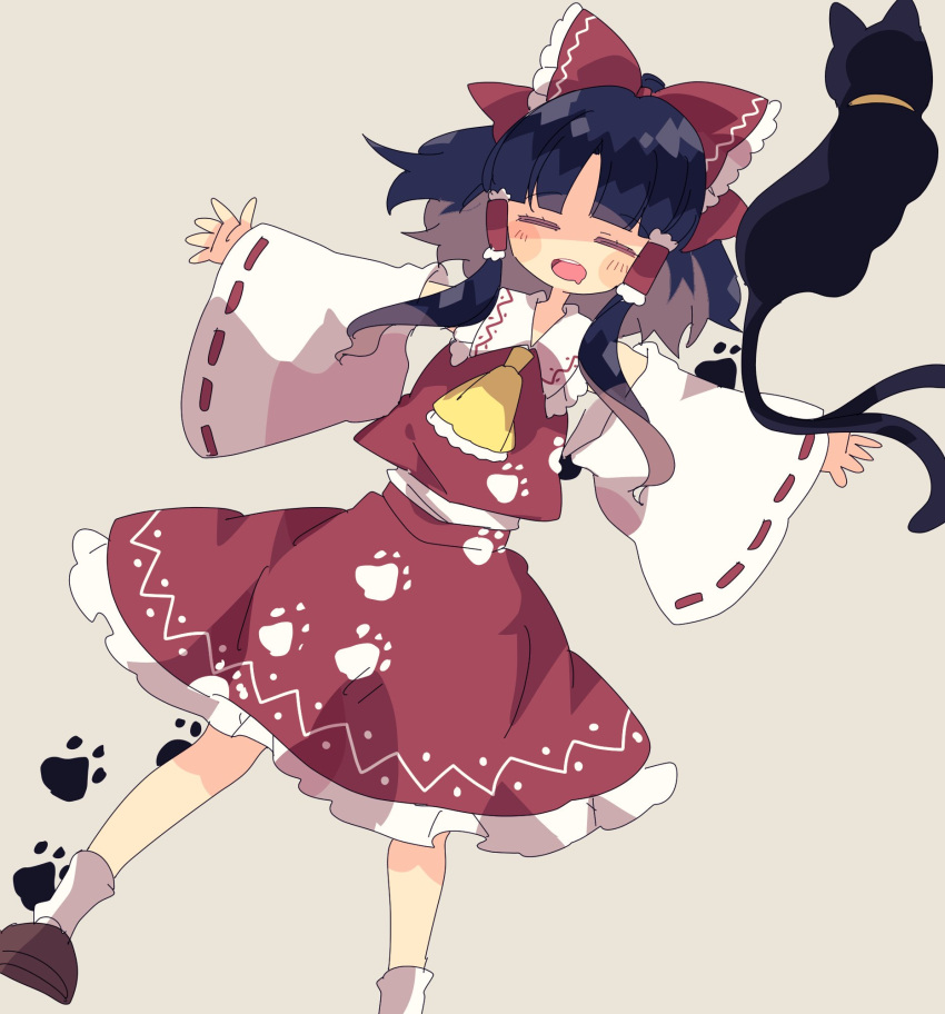 =_= animal_collar ascot black_cat black_hair blunt_bangs blush bobby_socks bow brown_footwear collar commentary detached_sleeves drooling feline female frilled_ascot frilled_shirt_collar frills full_body hair_tubes hairbow hakurei_reimu highres lying medium_hair nekomata nikorashi-ka on_back paw_print petticoat red_bow red_skirt red_vest ribbon-trimmed_sleeves ribbon_trim skirt skirt_set sleeping socks solo touhou vest white_socks wily_beast_and_weakest_creature yellow_ascot yellow_collar