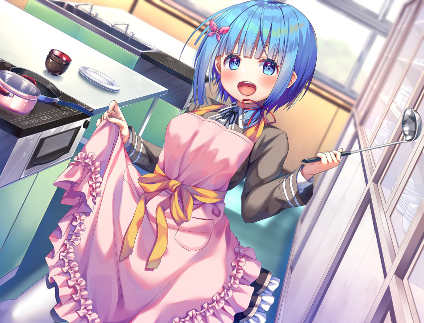 :d apron apron_lift asa_no_ha_(awayuki) blue_eyes blue_hair blunt_bangs blurry blush bow breasts clothes_lift cup depth_of_field dutch_angle eyebrows_hidden_by_hair female fish_grill flower frilled_apron frills frying_pan hair_flower hair_ornament highres holding holding_ladle indoors kitchen kouhai_shoujo ladle long_sleeves looking_at_viewer medium_breasts official_art open_mouth pink_apron plate pot red_ribbon ribbon shelf short_hair sink skirt smile solo stove table teeth upper_teeth_only white_legwear window yellow_bow