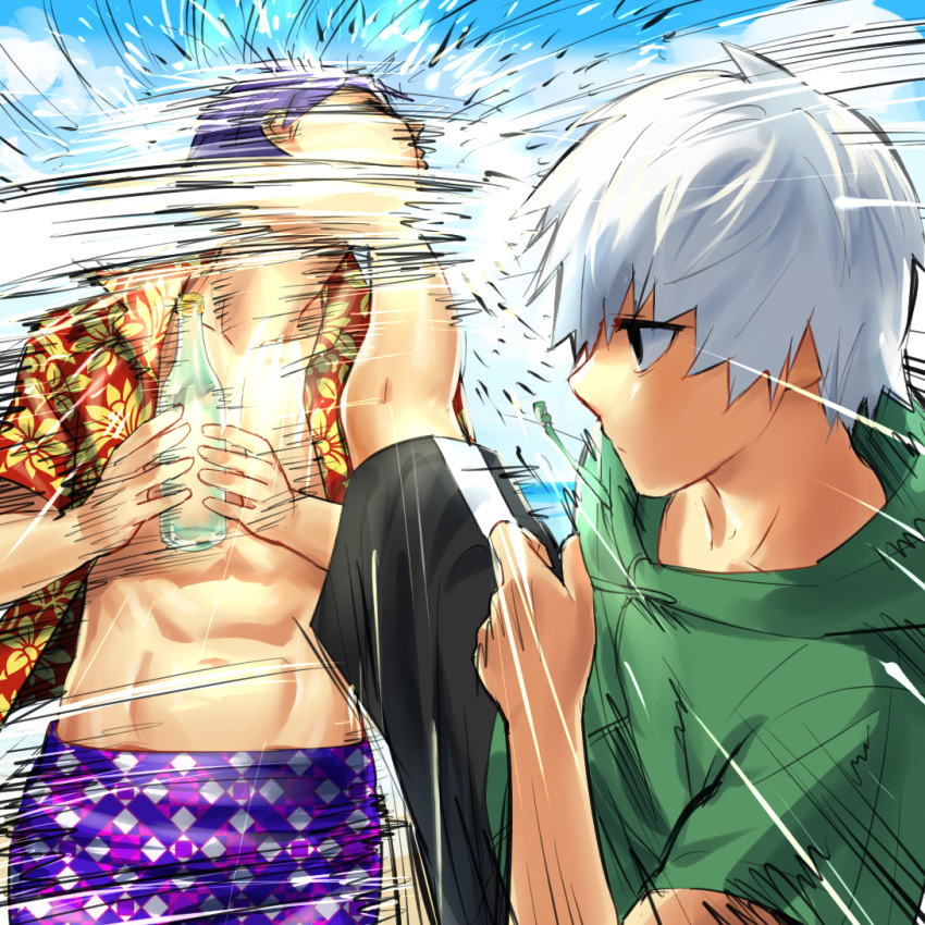 2boys black_shorts bottle bottle_cap_challenge collarbone commentary_request green_hoodie high_kick holding holding_bottle hood hoodie kaneki_ken kicking male_focus marine_day multiple_boys open_clothes purple_hair purple_shorts red_shirt shiromi_(ringo) shirt short_hair shorts sportswear tokyo_ghoul tsukiyama_shuu white_hair