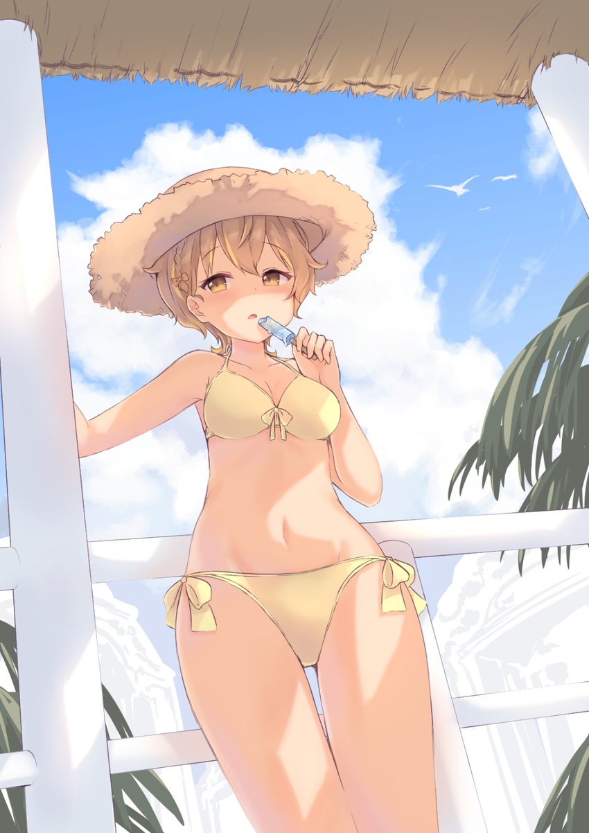 annin_miru bare_arms bare_shoulders bikini bird blue_sky breasts brown_eyes brown_hair cleavage cloud cloudy_sky collarbone commentary day female food front-tie_bikini_top front-tie_top groin hat highres holding holding_food indie_virtual_youtuber looking_at_viewer maka_neko medium_breasts navel outdoors parted_lips popsicle short_hair side-tie_bikini_bottom sky solo standing stomach straw_hat swimsuit thighs virtual_youtuber yellow_bikini