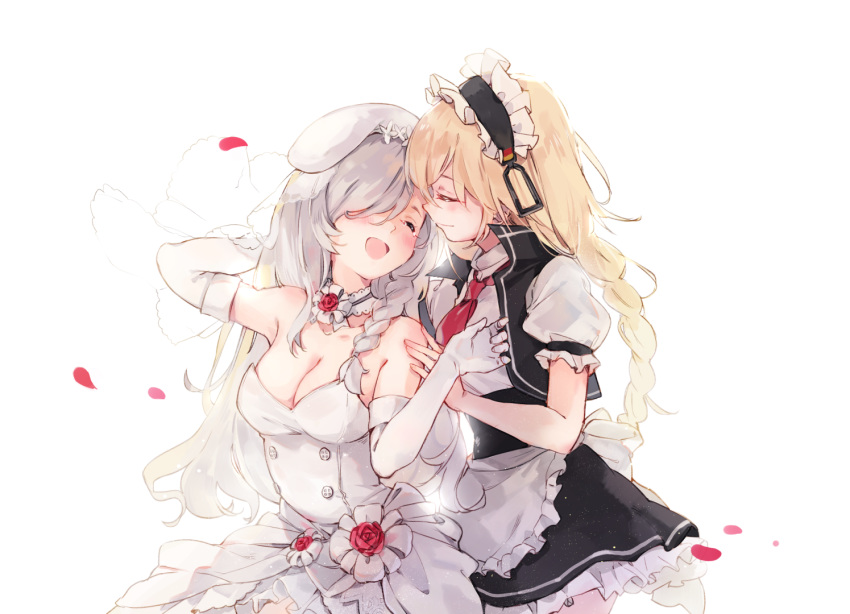 2girls apron bare_shoulders blonde_hair braid breasts bridal_veil bride choker cleavage closed_eyes commentary dress elbow_gloves g36_(girls'_frontline) g36c_(girls'_frontline) g36c_(you_who_steps_up)_(girls'_frontline) girls'_frontline gloves grey_hair hair_over_one_eye hat imoko_(imonatsuki) long_hair maid_apron maid_headdress medium_breasts multiple_girls necktie official_alternate_costume open_mouth petals red_necktie rose_petals side_braid simple_background smile strapless strapless_dress tears veil very_long_hair waist_apron wedding_dress white_apron white_background white_dress white_gloves yuri