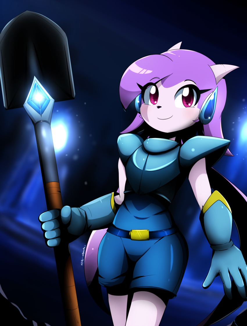 anthro armor clothed clothing dragon female freedom_planet galaxytrail gloves hair handwear hi_res hybrid kenjikanzaki05 mammal mythological_creature mythological_scalie mythology purple_hair sash_lilac scalie shovel shovel_knight solo tools yacht_club_games