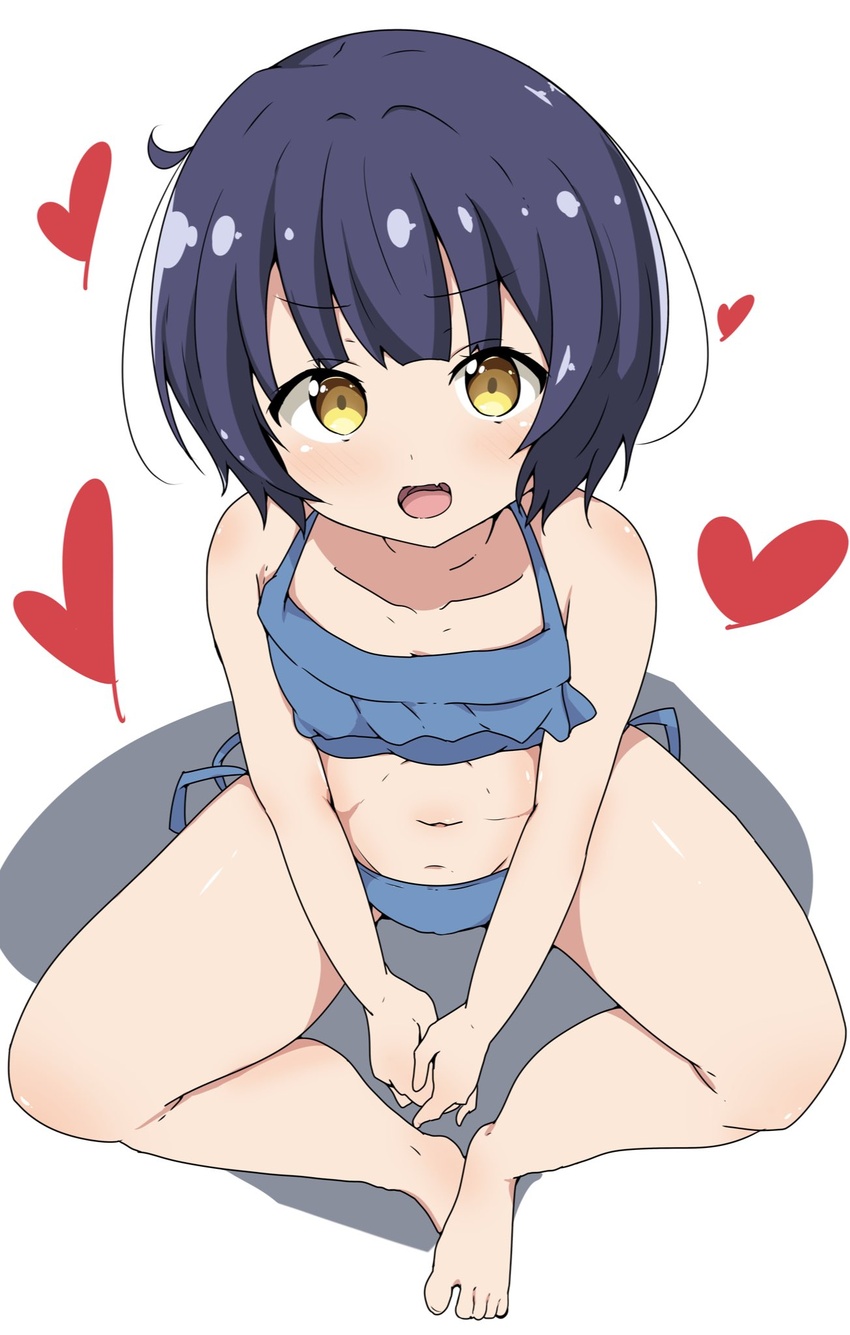 barefoot bikini blue_bikini blue_hair commentary_request female flat_chest gochuumon_wa_usagi_desu_ka? heart highres jouga_maya looking_at_viewer oerba_yun_fang open_mouth riyo_(aokiwazumi) shadow short_hair side-tie_bikini_bottom simple_background sitting skin_fang smile solo swimsuit white_background yellow_eyes