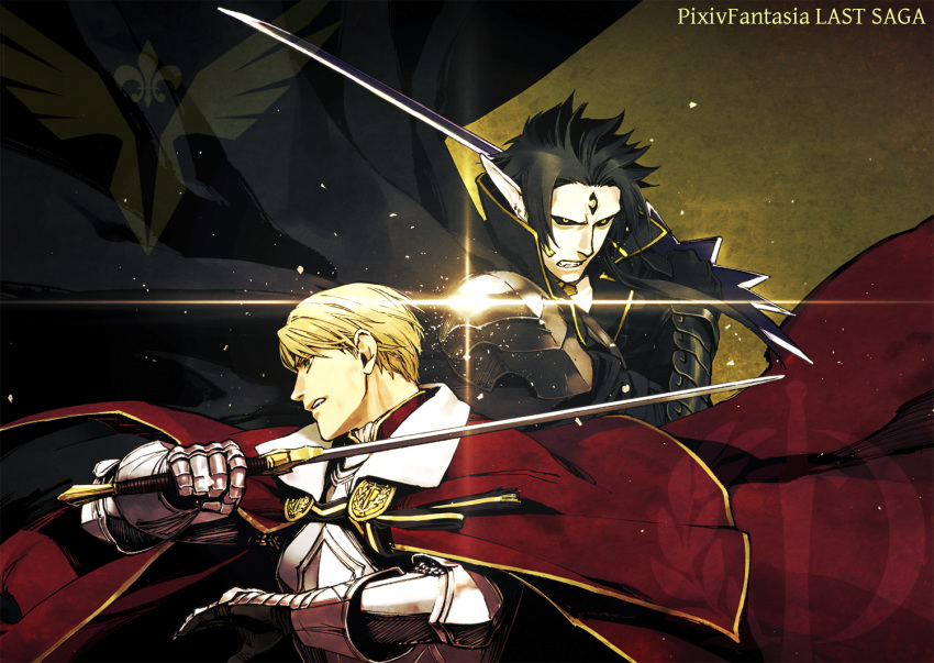 2boys armor black_cape black_gloves black_hair black_sclera blonde_hair breastplate brown_background cape clenched_teeth colored_sclera commentary_request copyright_name gargouille gauntlets glint gloves holding holding_sword holding_weapon laurel_knight_sylvester male_focus multiple_boys pixiv_fantasia pixiv_fantasia_last_saga red_cape sankyou simple_background sword teeth third_eye upper_body weapon