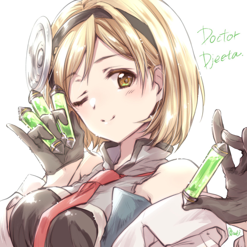 ;) artist_name between_fingers black_dress black_gloves black_headband blonde_hair brown_eyes character_name closed_mouth commentary djeeta_(granblue_fantasy) doctor_(granblue_fantasy) dress female gloves granblue_fantasy hairband head_tilt headband high_collar highres holding kuroi_mimei lab_coat light_blush long_sleeves looking_at_viewer necktie one_eye_closed pinky_out red_necktie short_hair simple_background sleeveless sleeveless_dress smile solo swept_bangs upper_body vial white_background