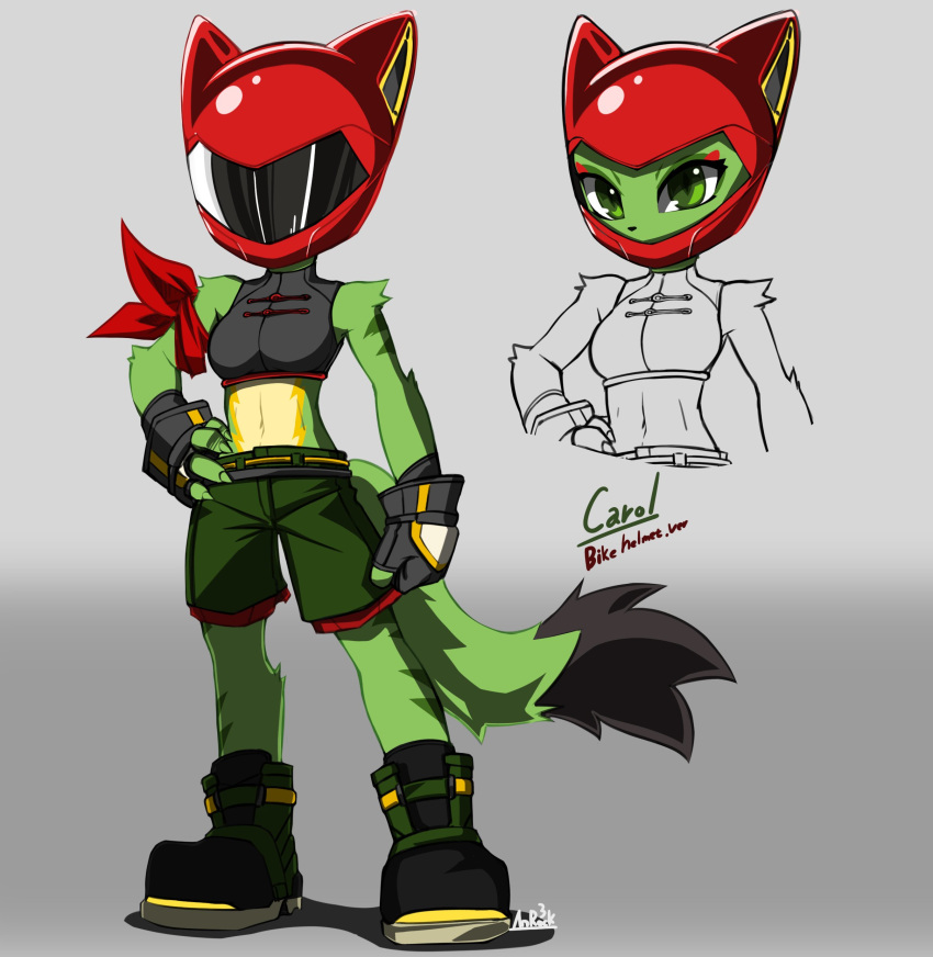 absurd_res anrock3 anthro armor breasts carol_tea clothed clothing felid feline felis female freedom_planet fur galaxytrail green_body green_fur headgear helmet hi_res mammal midriff navel solo wildcat