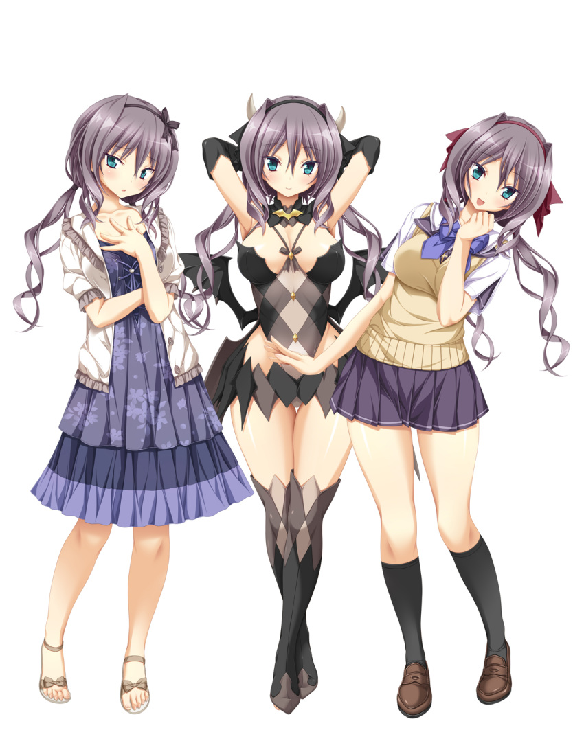 :o argyle arms_behind_head arms_up black_legwear black_wings blue_dress blue_eyes blush boots breasts brown_footwear cardigan_vest demon_girl demon_horns demon_wings dress elbow_gloves female floral_print gloves hairband hand_on_own_chest head_tilt highres horns kneehighs koku large_breasts leotard loafers long_hair looking_at_viewer low_wings matsuriya_minato multiple_views official_art open_mouth over-kneehighs photoshop_(medium) pleated_skirt realive sandals shoes short_sleeves silver_hair simple_background skirt smile socks thigh_gap thighhighs twintails white_background wings