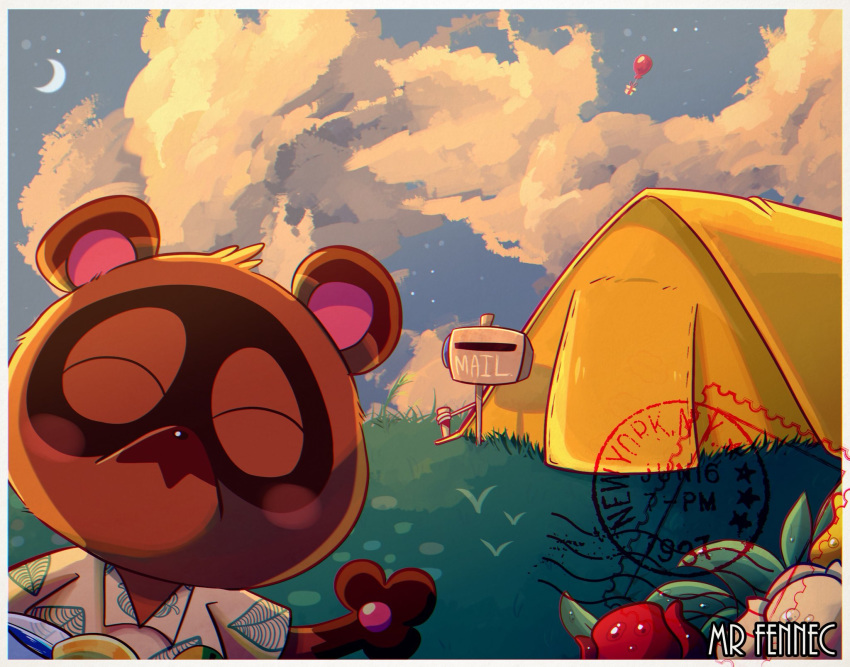 2019 animal_crossing anthro balloon bow_(feature) bow_ribbon box brown_body brown_fur canid canine closed_eyes clothing cloud container english_text fur gift gift_bow gift_box hi_res inflatable male mammal moon nintendo outside present_balloon_(animal_crossing) raccoon_dog shirt solo srfennec tanuki tent text tom_nook_(animal_crossing) topwear