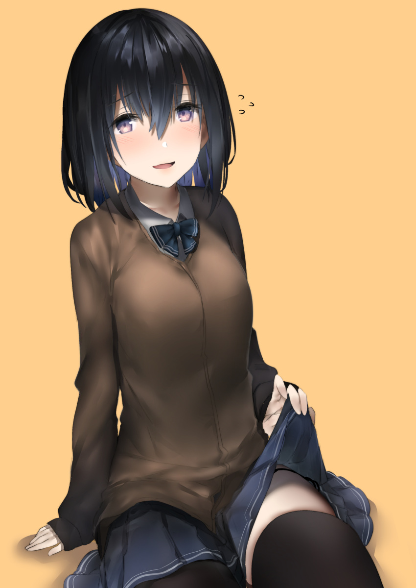 :d araido_kagiri black_hair black_panties black_thighhighs blue_bow blue_bowtie blue_skirt bow bowtie breasts brown_background brown_cardigan cardigan clothes_lift collarbone collared_shirt commentary_request female flying_sweatdrops hair_between_eyes highres lifting_own_clothes long_hair long_sleeves looking_at_viewer miniskirt open_mouth original panties pink_eyes school_uniform shirt side-tie_panties side-tie_peek simple_background sitting skirt skirt_lift smile solo thighhighs undershirt underwear white_shirt