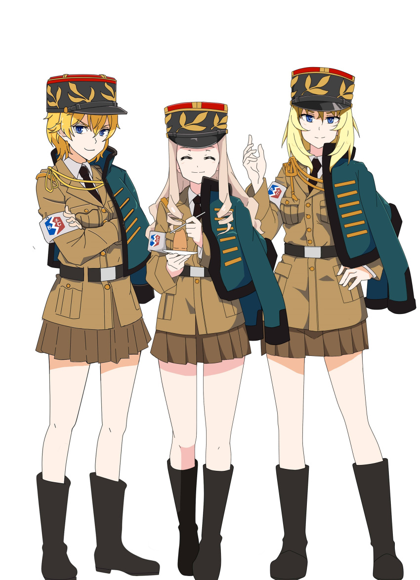 3girls absurdres aiguillette armband asparagus_(girls_und_panzer) bad_id bad_pixiv_id bc_freedom_(emblem) bc_freedom_military_uniform belt black_belt black_footwear black_headwear black_necktie blonde_hair blue_eyes blue_jacket boots brown_jacket brown_skirt cake closed_eyes color_connection commentary_request crossed_arms dolman_(jacket) dress_shirt drill_hair emblem food fork girls_und_panzer girls_und_panzer_ribbon_no_musha hair_color_connection hand_on_own_hip hat highres holding holding_fork holding_saucer jacket jacket_on_shoulders kepi knee_boots long_hair long_sleeves looking_at_viewer marie_(girls_und_panzer) medium_hair military military_hat military_uniform miniskirt multiple_girls necktie oshida_(girls_und_panzer) pleated_skirt saucer shirt short_hair simple_background skirt smile smirk standing uniform v-shaped_eyebrows wani_(perfect_han) white_background white_shirt