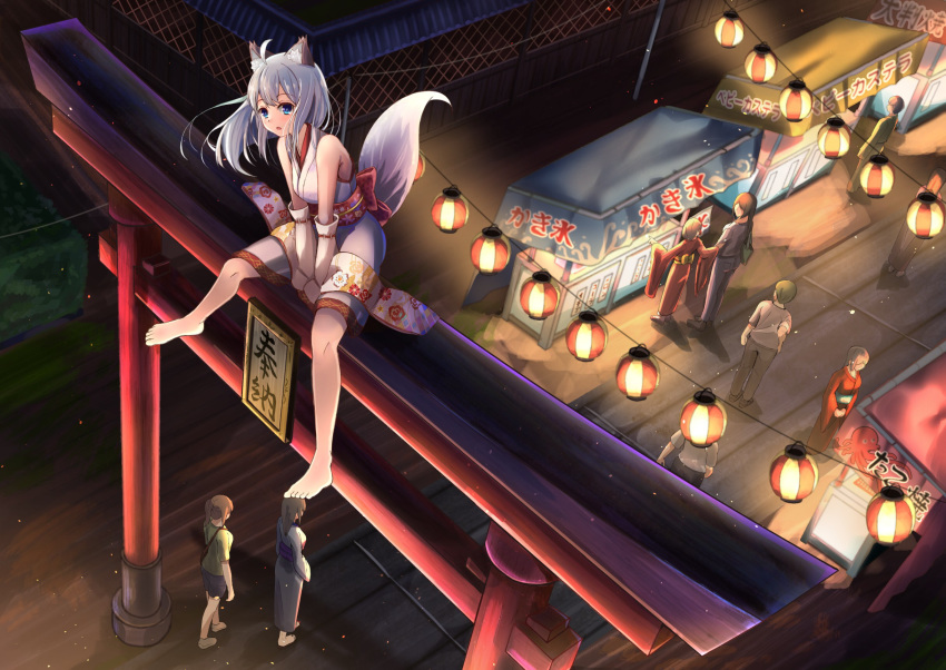 3boys 6+girls :o ahoge animal_ears bag bare_legs bare_shoulders barefoot bow breasts commentary_request detached_sleeves elbow_gloves festival fox_ears fox_tail from_above full_body gloves grey_hair hair_between_eyes highres japanese_clothes kimono lamp lantern light_particles long_hair looking_at_viewer medium_breasts multiple_boys multiple_girls night nyoon open_mouth original outdoors paper_lantern red_bow shorts sitting sitting_on_torii solo_focus standing tail torii translated v_arms