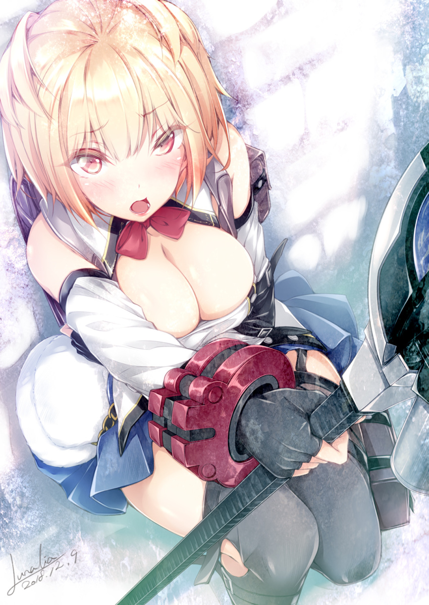 black_gloves black_thighhighs blonde_hair blue_skirt blush bow bowtie breasts claire_victorious cleavage commentary_request dated detached_sleeves female fingerless_gloves gloves god_eater god_eater_3 highres long_hair looking_at_viewer luna_lia open_mouth red_bow red_bowtie red_eyes short_hair signature skirt solo thighhighs