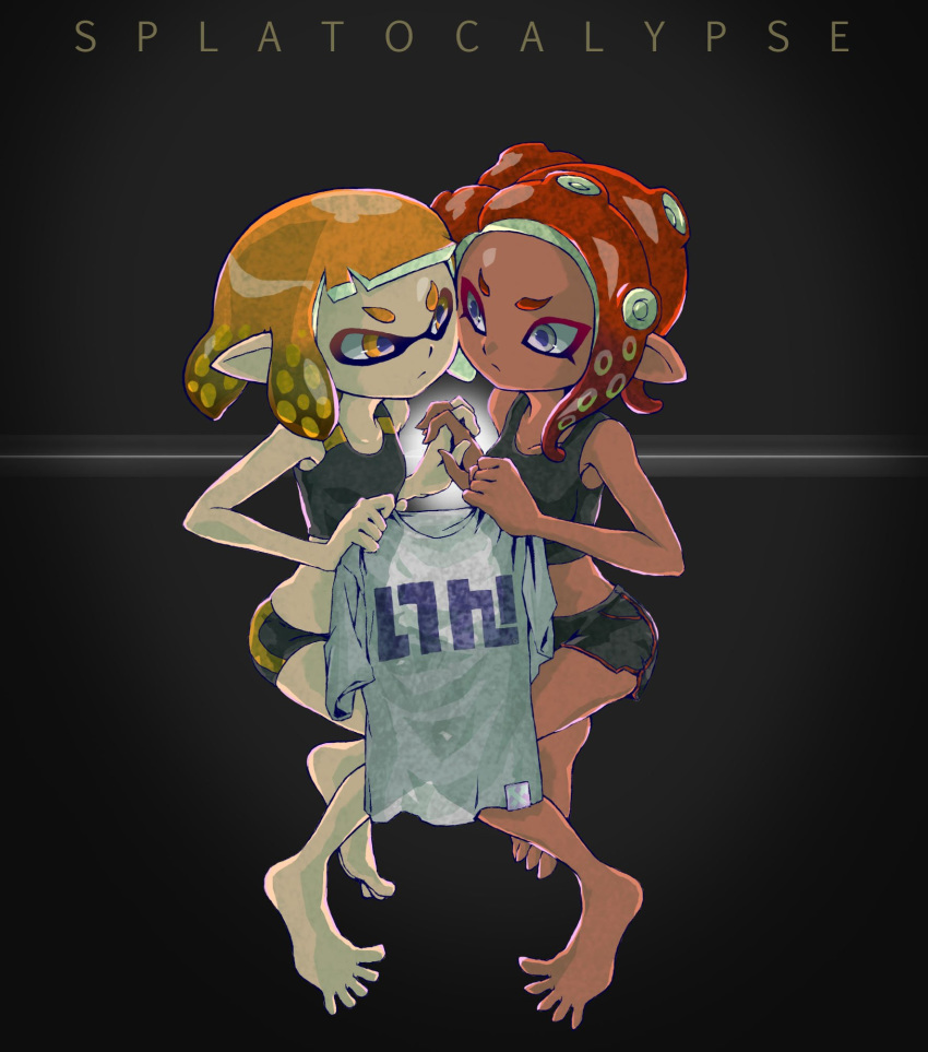 2girls barefoot bike_shorts black_shirt black_shorts blue_eyes closed_mouth commentary_request dark-skinned_female dark_skin dolphin_shorts english_text floating frown hideyoshi_(swliyhbpe9xqqze) highres holding holding_clothes holding_hands holding_shirt inkling inkling_girl inkling_player_character interlocked_fingers medium_hair midriff multiple_girls octoling octoling_girl octoling_player_character orange_eyes orange_hair pointy_ears print_shirt red_hair shirt short_hair short_shorts shorts single_vertical_stripe splatoon_(series) splatoon_2 splatoon_2:_octo_expansion suction_cups t-shirt tank_top