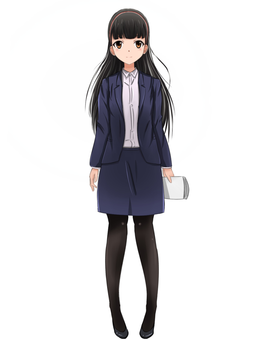 arms_at_sides black_footwear black_pantyhose blazer blue_suit blunt_bangs brown_eyes commentary_request female formal full_body hairband highres hinamatsuri_(manga) jacket kyer0704 light_smile long_hair long_sleeves looking_at_viewer mishima_hitomi office_lady pantyhose papers pencil_skirt red_hairband shirt skirt solo standing suit white_background white_shirt