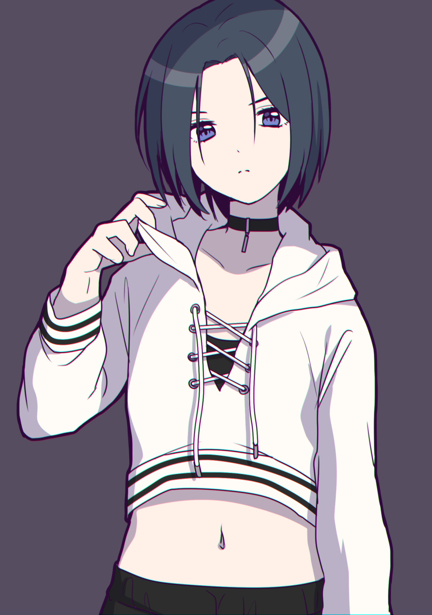 bad_id bad_pixiv_id black_choker black_hair choker closed_mouth collarbone commentary crop_top cropped_hoodie drawstring expressionless female forehead grey_background hand_up highres hood hood_down hoodie ichiren_namiro jun_(princess_connect!) jun_(real)_(princess_connect!) long_sleeves looking_at_viewer midriff navel parted_bangs princess_connect! purple_eyes short_hair simple_background solo stomach upper_body white_hoodie