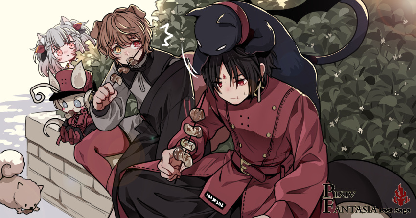 2boys ahoge animal animal_ears animal_on_head belt black_hair braid brown_hair canine cat_ears city_guard_(infukun) commentary_request day dog_ears eating feline freckles grey_hair long_sleeves mia0309 multiple_boys mushroom on_head outdoors photoshop_(medium) pixiv_fantasia pixiv_fantasia_last_saga red_eyes red_footwear red_legwear sitting skewer yellow_eyes