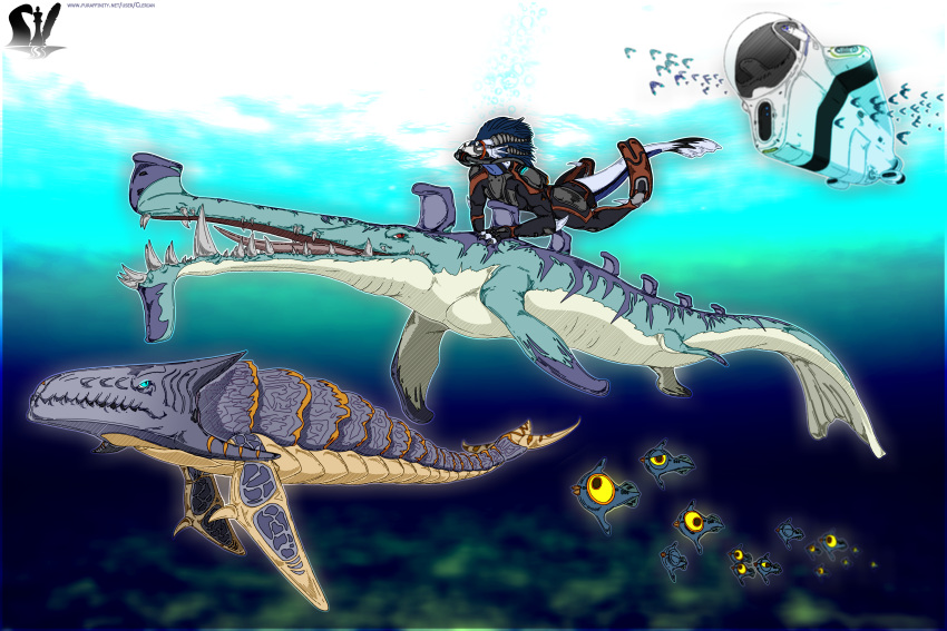 absurd_res alien ambiguous_gender blue_eyes boneshark_(subnautica) boomerang_(subnautica) bubble clerian clothed clothing detailed_background diving_suit feral fish group hi_res male marine oxygen_tank peeper_(subnautica) red_eyes sea shark sharp_teeth stalker_(subnautica) stripes submarine subnautica swimming teeth underwater unknown_worlds_entertainment vehicle water watercraft