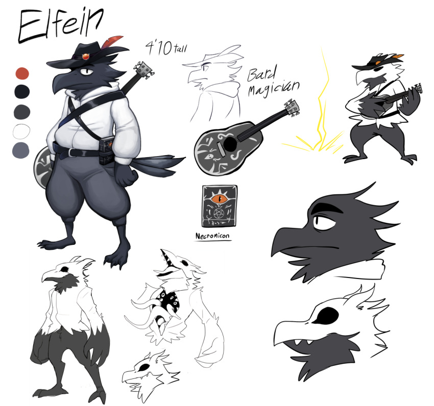 2019 3_claws anthro avian avian_feet beak bird black_beak black_body black_claws black_feathers black_tail_feathers claws clothed clothing corvid corvus_(genus) crow demon digital_media_(artwork) elfein eyebrows feathers guitar hat headgear headwear male model_sheet multiple_images musical_instrument open_beak open_mouth oscine passerine playing_music plucked_string_instrument signature simple_background solo string_instrument tail tail_feathers text toe_claws white_background