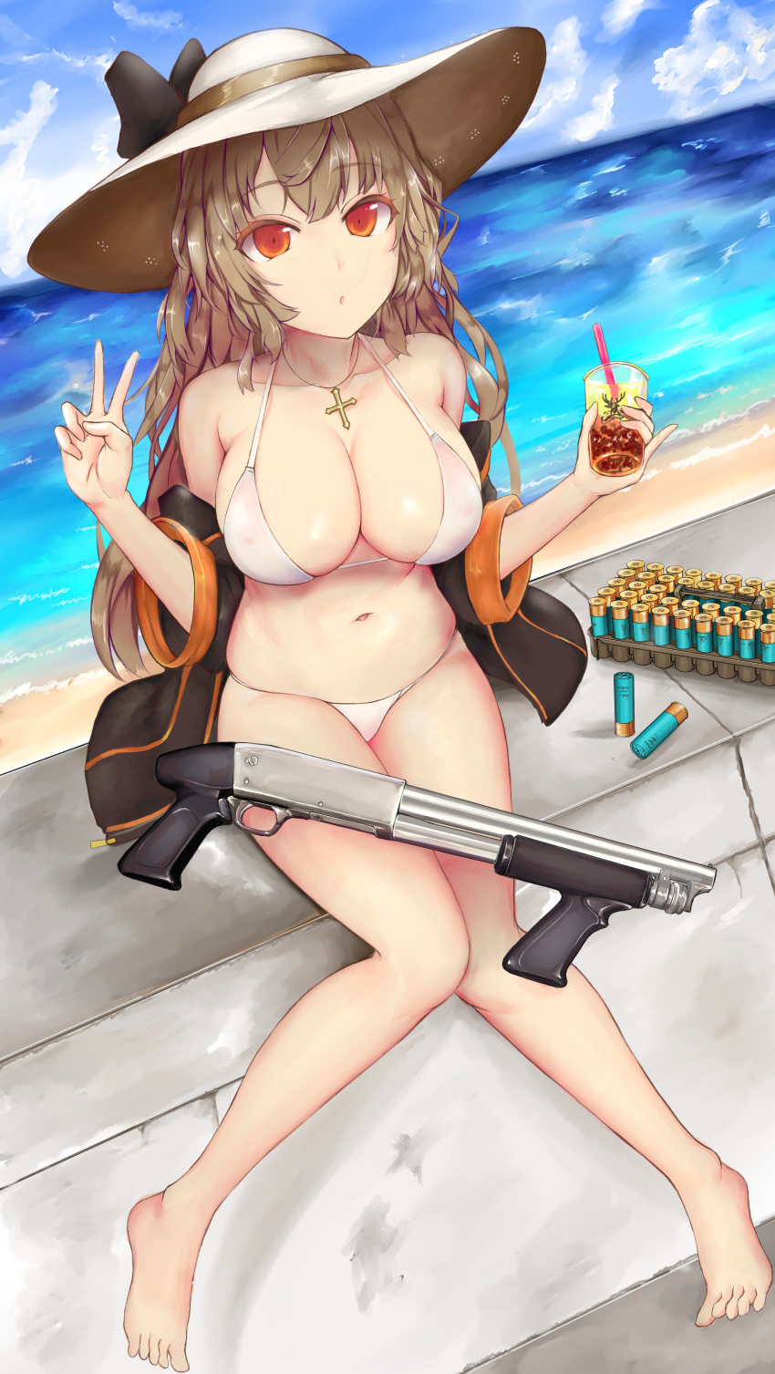 :o absurdres bad_id bad_twitter_id bare_legs barefoot beach bikini breasts brown_hair bubble_tea cleavage cloud commentary_request cross cross_necklace day female franz_(217franz) girls'_frontline gun hat highres horizon ithaca_m37 jewelry large_breasts m37_(girls'_frontline) m37_(summer_parader)_(girls'_frontline) necklace ocean official_alternate_costume outdoors pump_action red_eyes shotgun shotgun_shell skindentation solo straw_hat swimsuit v weapon white_bikini