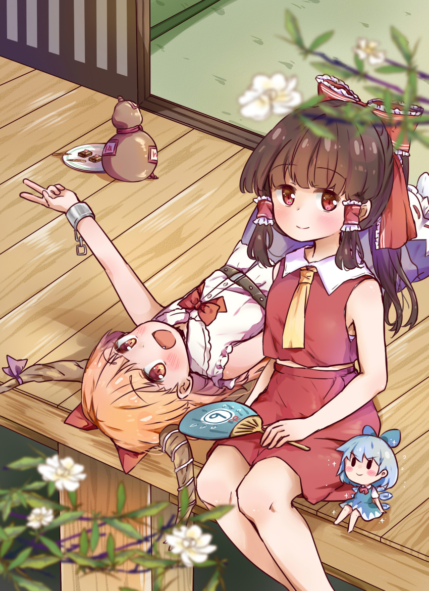 3girls :d absurdres ascot bare_arms bare_shoulders belt black_belt black_eyes blue_bow blue_dress blue_hair blurry blurry_foreground blush bow bowtie brown_hair chains chibi chinese_commentary circled_9 cirno commentary_request cuffs dress feet_out_of_frame flower frilled_bow frills gourd hairbow hakurei_reimu hand_fan highres holding holding_fan horn_ornament horn_ribbon horns ibuki_suika ice ice_wings long_hair looking_at_viewer lying midriff_peek mini_person minigirl miniskirt multiple_girls oerba_yun_fang on_back oni oni_horns open_mouth orange_hair paper_fan partial_commentary pinafore_dress plate plug_(feng-yushu) ponytail puffy_short_sleeves puffy_sleeves purple_ribbon purple_skirt red_bow red_bowtie red_eyes red_shirt red_skirt ribbon sarashi shackles shirt short_sleeves sidelocks sitting skirt skirt_set sleeveless sleeveless_dress sleeveless_shirt sliding_doors smile sparkle tatami touhou uchiwa v white_flower white_shirt wings yellow_ascot yellow_bow