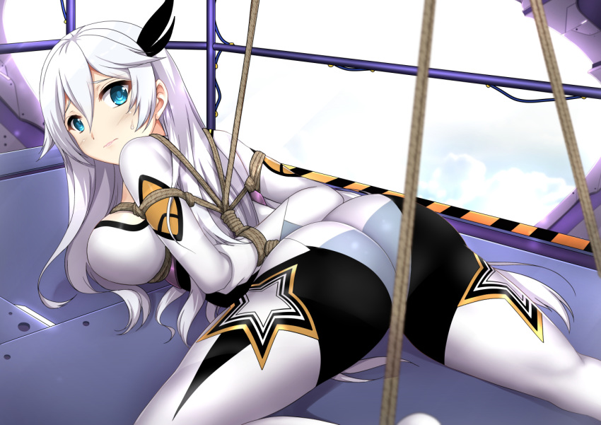 ass blue_eyes blush bodysuit bondage bondage bound breasts cecilia_schariac commentary cosplay english_commentary female hair_between_eyes hair_ornament honkai_(series) honkai_impact_3rd kiana_kaslana kiana_kaslana_(white_comet) kiana_kaslana_(white_comet)_(cosplay) large_breasts long_hair looking_at_viewer sheita sideboob solo sweatdrop white_hair