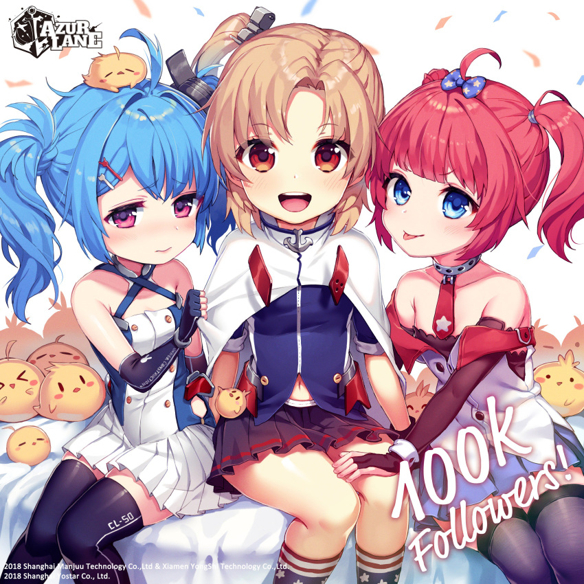 3girls :d :p absurdres aged_down ahoge azur_lane bare_shoulders black_gloves blonde_hair blue_eyes blue_hair blue_jacket blush bow cape capelet clevelad_(azur_lane) clothes_tug commentary detached_sleeves dress elbow_gloves fingerless_gloves gloves hair_between_eyes hair_ornament hairbow highres jacket lena_(azur_lane) li'l_sandy_(azur_lane) logo long_hair looking_at_viewer manjuu_(azur_lane) miniskirt multiple_girls necktie official_art one_side_up open_mouth parted_bangs pleated_skirt purple_eyes red_eyes red_hair satchely second-party_source shirt short_hair sitting skirt smile thighhighs tongue tongue_out twintails watermark