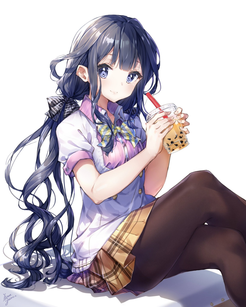 adagaki_aki black_bow black_hair black_pantyhose blue_eyes blunt_bangs blush bow bowtie brown_skirt bubble_tea closed_mouth collared_shirt commentary_request crossed_legs cup disposable_cup drinking_straw feet_out_of_frame female hairbow highres holding holding_cup long_hair looking_at_viewer low_twintails masamune-kun_no_revenge miniskirt pantyhose plaid plaid_skirt pleated_skirt school_uniform shirt short_sleeves simple_background sitting skirt smile solo striped_bow striped_bowtie striped_clothes takenoko_no_you tareme twintails two-handed white_background white_shirt