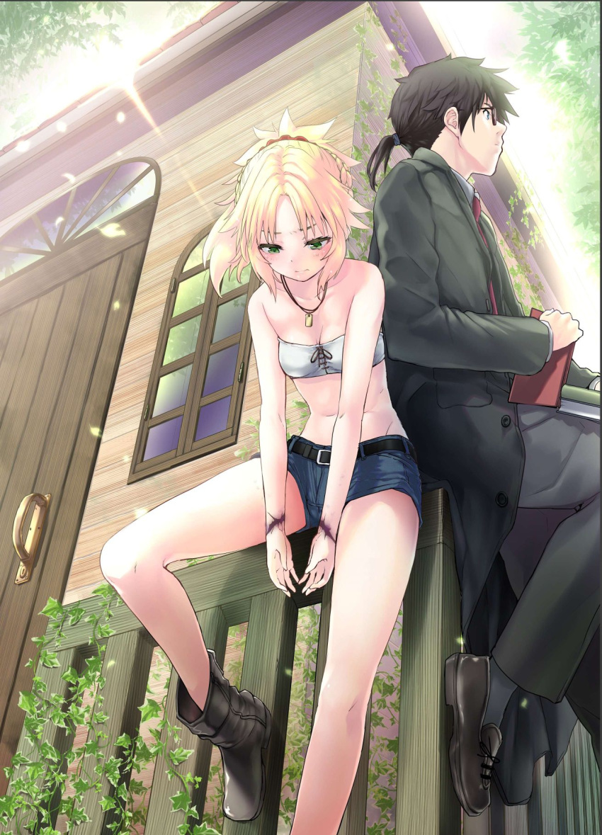 1boy bare_arms bare_shoulders belt black_belt black_hair black_jacket blonde_hair blush braid breasts character_request cleavage collarbone commentary_request day door fate/apocrypha fate/grand_order fate_(series) female from_below glasses green_eyes hair_ornament hair_scrunchie highres holding jacket long_hair mordred_(fate) mordred_(fate/apocrypha) mordred_(memories_at_trifas)_(fate) mozu_(peth) outdoors ponytail red_scrunchie scar scrunchie short_shorts shorts small_breasts tree window