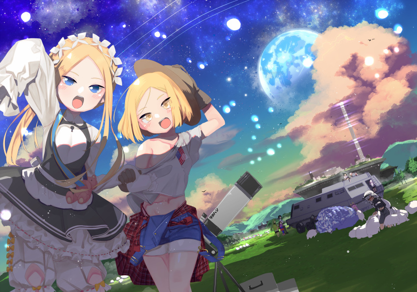 2boys 6+girls abigail_williams_(fate) abigail_williams_(festival_outfit)_(fate) altera_(fate) american_flag arm_up atalanta_(fate) bare_shoulders blonde_hair bloomers blue_eyes blue_sky blush breasts collarbone commentary_request dress fate/apocrypha fate/extella fate/extra fate/grand_order fate_(series) forehead fujimaru_ritsuka_(male) hessian_(fate) highres holding holding_stuffed_toy jack_the_ripper_(fate/apocrypha) katsushika_hokusai_(fate) leonardo_da_vinci_(fate) leonardo_da_vinci_(rider)_(fate) lobo_(fate) long_hair long_sleeves looking_at_viewer maid_headdress mash_kyrielight moon multiple_boys multiple_girls navel nomeazog nursery_rhyme_(fate) official_alternate_costume open_mouth outdoors overalls parted_bangs paul_bunyan_(fate) riyo_servant_(bunnygirl)_(fate) sheep shirt short_hair sky sleeves_past_fingers sleeves_past_wrists small_breasts smile stuffed_animal stuffed_toy teddy_bear telescope thighs underwear white_bloomers white_dress white_shirt wolf yellow_eyes