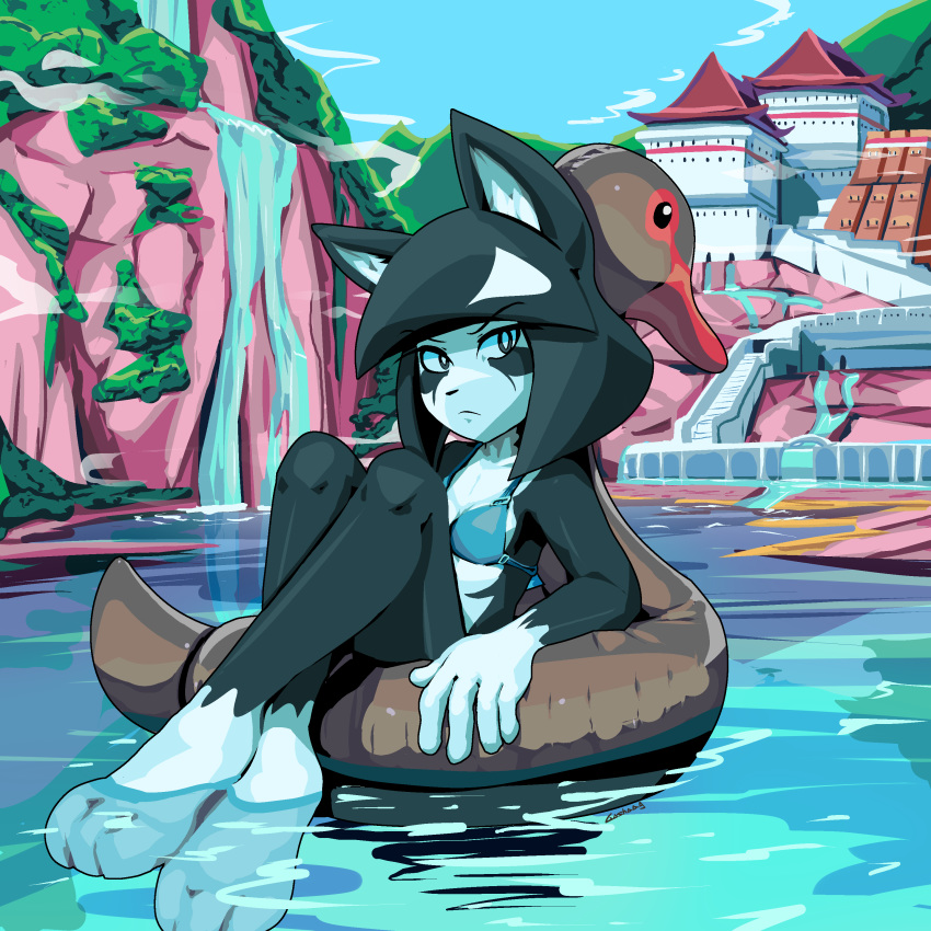 1:1 2019 3_toes absurd_res animal_pool_toy animal_swim_ring anthro barefoot belly bent_arm bent_legs bikini biped black_body black_fur black_hair breasts canid canine clothed clothing crossed_ankles day detailed_background feet feet_in_water feet_over_edge female flowing_water fox fur goshaag hair hi_res inanimate_object inflatable inflatable_ride inflatable_support inner_tube knees_together legs_together mammal nastypoke_(character) on_pool_toy on_swim_ring outside over_edge partially_submerged plantigrade pool_toy sitting sitting_on_pool_toy solo sunken_seat swim_ring swimwear toes up_and_over water waterfall white_belly white_body white_fur