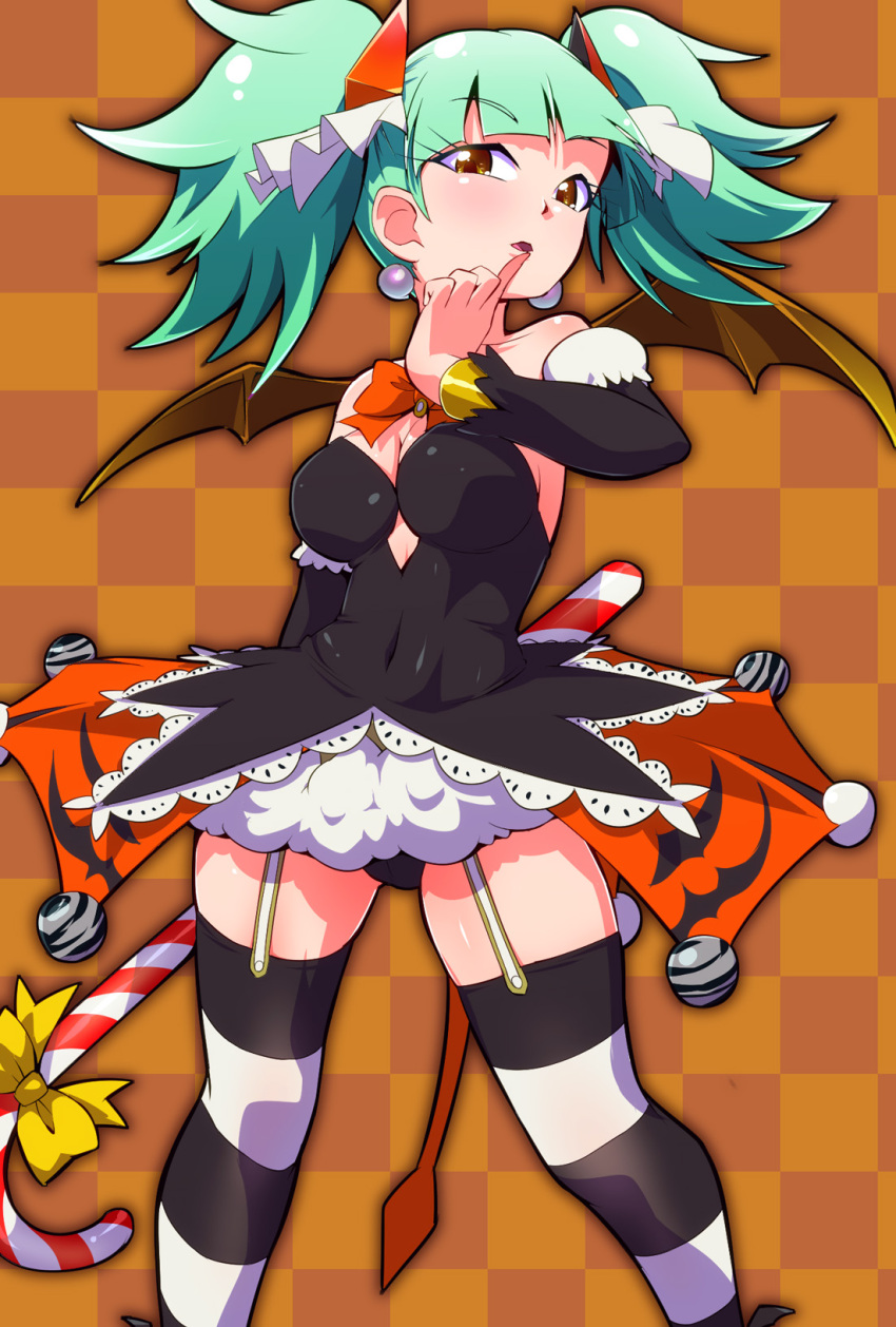 bat_wings biburi_(precure) black_dress black_panties black_sleeves black_thighhighs bow bowtie breasts brown_background brown_eyes candy candy_cane checkered_background commentary cosplay covered_navel demon_tail detached_sleeves dress earrings female finger_to_mouth food garter_straps green_hair half-closed_eyes half-dress halloween halloween_costume hatsune_miku hatsune_miku_(cosplay) highres holding holding_behind_back jewelry kirakira_precure_a_la_mode looking_at_viewer medium_breasts medium_hair panties parted_lips precure red_bow red_bowtie ryuuta_(cure_ryuuta) solo standing strapless strapless_dress striped_clothes striped_thighhighs tail thighhighs twintails underwear vocaloid wings