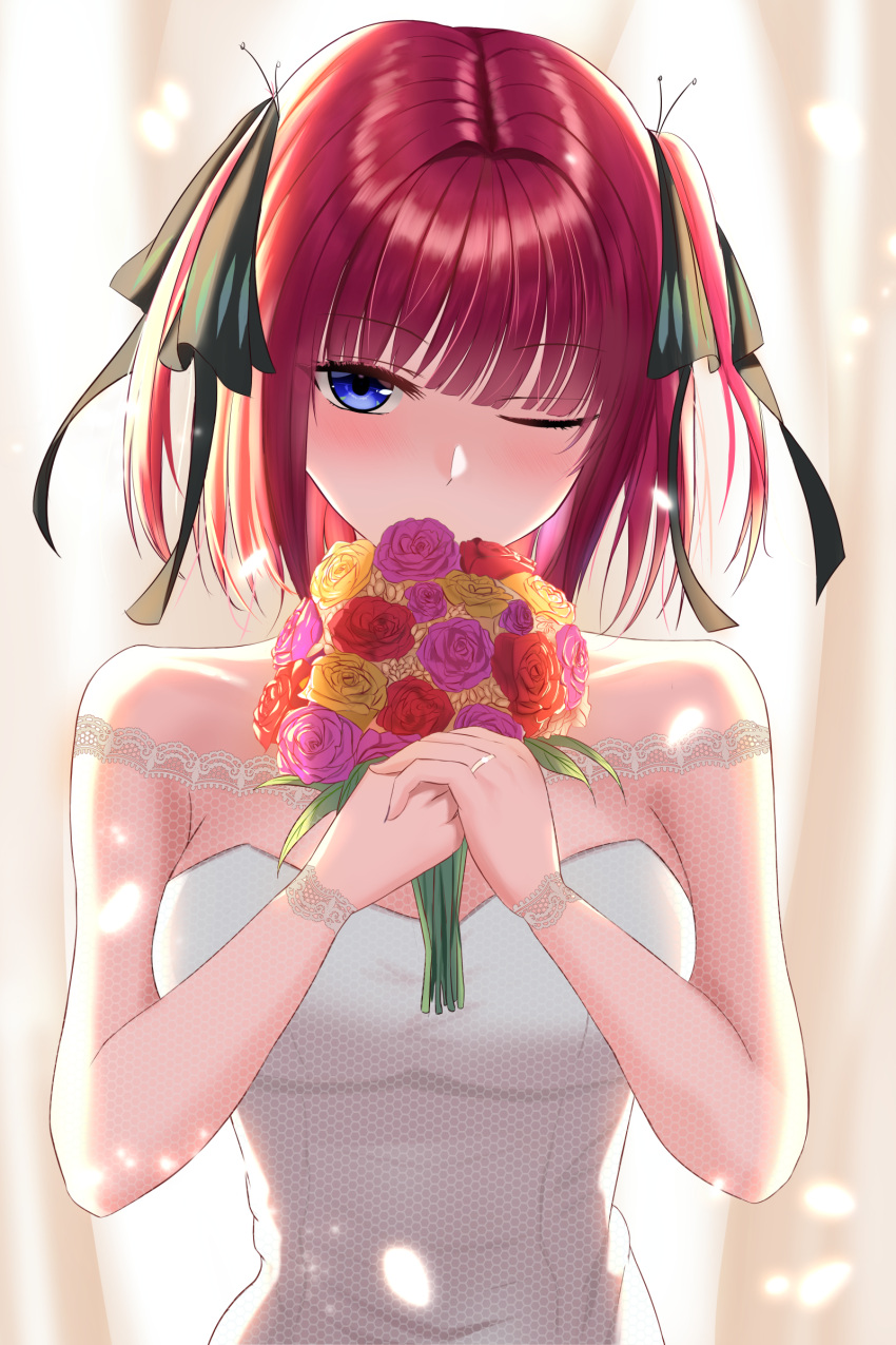 absurdres alternate_costume backlighting bare_shoulders black_ribbon blue_eyes blunt_bangs blush bouquet breasts butterfly_hair_ornament commentary covering_own_mouth dress eyelashes falling_petals female flower go-toubun_no_hanayome hair_ornament hair_ribbon hands_up highres holding holding_bouquet jewelry kukeylove large_breasts looking_at_viewer medium_hair nakano_nino one_eye_closed petals pink_flower pink_rose red_flower red_hair red_rose ribbon ring rose shy simple_background solo straight_hair strapless strapless_dress two_side_up upper_body wedding_dress wedding_ring white_background white_dress yellow_flower yellow_rose