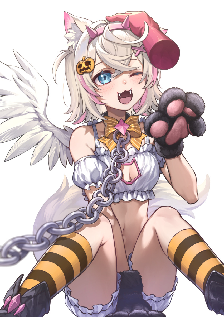 :3 :d absurdres angel angel_wings animal_ear_fluff animal_ears animal_hands blue_eyes blush breasts cleavage cleavage_cutout clothing_cutout curry_bowl dog_ears dog_girl dog_paws dog_tail fangs female frilled_shorts frills hair_ornament headpat highres hololive hololive_english looking_at_viewer medium_hair mococo_abyssgard multicolored_hair navel open_mouth pink_hair short_shorts shorts small_breasts smile socks solo streaked_hair striped_clothes striped_socks tail virtual_youtuber white_background white_shorts wings x_hair_ornament