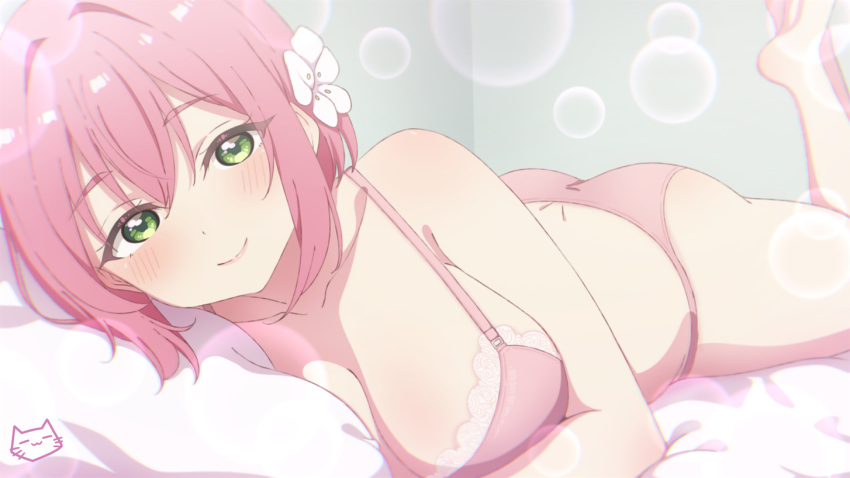 artist_logo ass barefoot bed_sheet blush bra breasts chromatic_aberration cleavage closed_mouth collarbone commentary dimples_of_venus feet female flower foot_up green_eyes hair_between_eyes hair_flower hair_intakes hair_ornament hanazono_hakari huge_breasts keihh kimi_no_koto_ga_dai_dai_dai_dai_daisuki_na_100-nin_no_kanojo lace-trimmed_bra lace_trim legs light_particles looking_at_viewer lying medium_hair on_stomach paid_reward_available panties pink_bra pink_hair pink_lips pink_panties raised_eyebrows smile solo thighs underwear white_flower