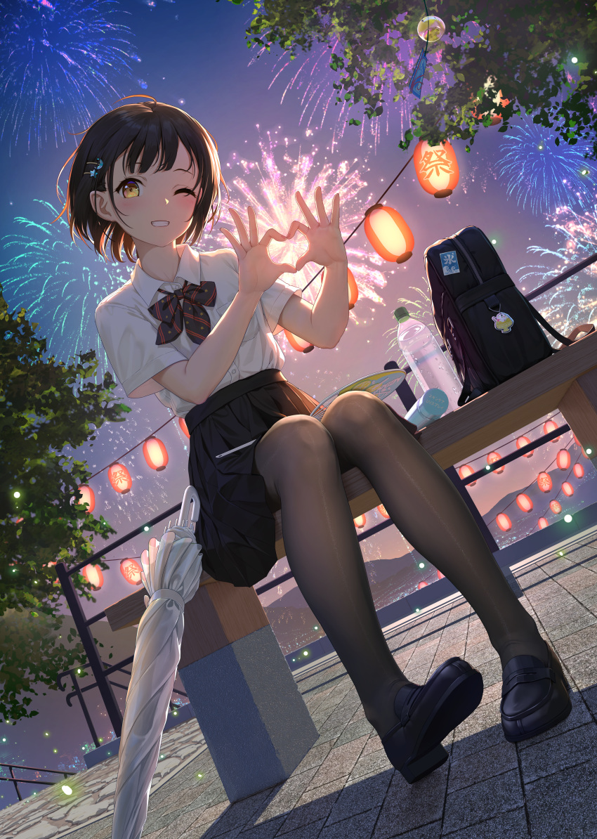 absurdres aerial_fireworks bag black_hair black_pantyhose black_skirt blush bottle bow bowtie commentary_request female fireworks full_body grin hair_ornament hairclip hand_fan heart heart_hands highres himitsu_(hi_mi_tsu_2) hina_saori_(himitsu) lantern loafers night one_eye_closed original outdoors pantyhose paper_fan school_uniform shirt shoes short_hair short_sleeves sitting skirt smile solo striped_bow striped_bowtie striped_clothes uchiwa umbrella white_shirt wind_chime yellow_eyes