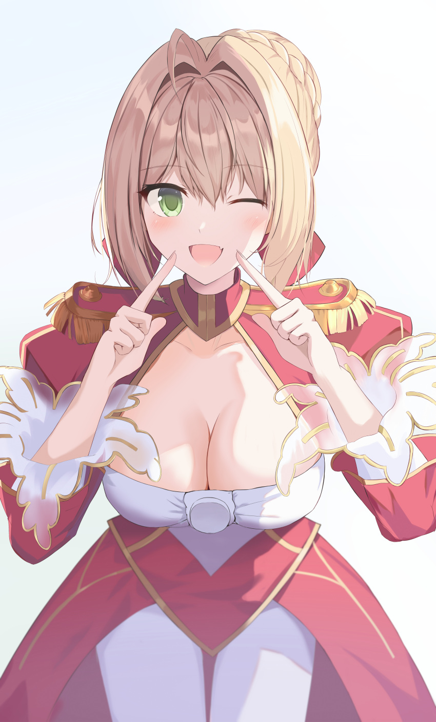 ;d absurdres ahoge blush braid braided_bun breasts cleavage cleavage_cutout clothing_cutout commentary cowboy_shot double-parted_bangs dress eyelashes eyes_visible_through_hair fate/extra fate_(series) female fingers_to_cheeks green_eyes hair_between_eyes hair_bun hair_intakes hands_up happy highres index_fingers_raised juliet_sleeves kukeylove large_breasts leaning_forward long_sleeves looking_at_viewer nero_claudius_(fate) nero_claudius_(fate/extra) oerba_yun_fang one_eye_closed open_mouth pantyhose puffy_sleeves red_dress sidelighting simple_background single_hair_bun skin_fang smile solo standing white_background white_pantyhose