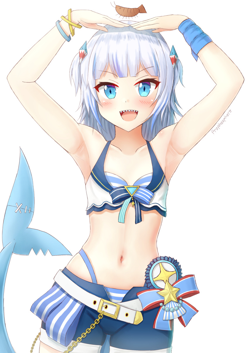 :d armpits arms_up belt belt_buckle bikini bikini_under_clothes blue_eyes blue_hair blue_shorts breasts buckle collarbone commentary_request female fins fish_tail front-tie_bikini_top front-tie_top gawr_gura hair_ornament highres hololive hololive_english hololive_summer_2023_swimsuit layered_bikini looking_at_viewer multicolored_hair navel open_clothes open_fly open_shorts prophosphere shark_tail sharp_teeth short_shorts shorts signature simple_background small_breasts smile solo star_(symbol) streaked_hair striped_bikini striped_clothes swimsuit tail teeth two_side_up virtual_youtuber white_background white_belt white_bikini