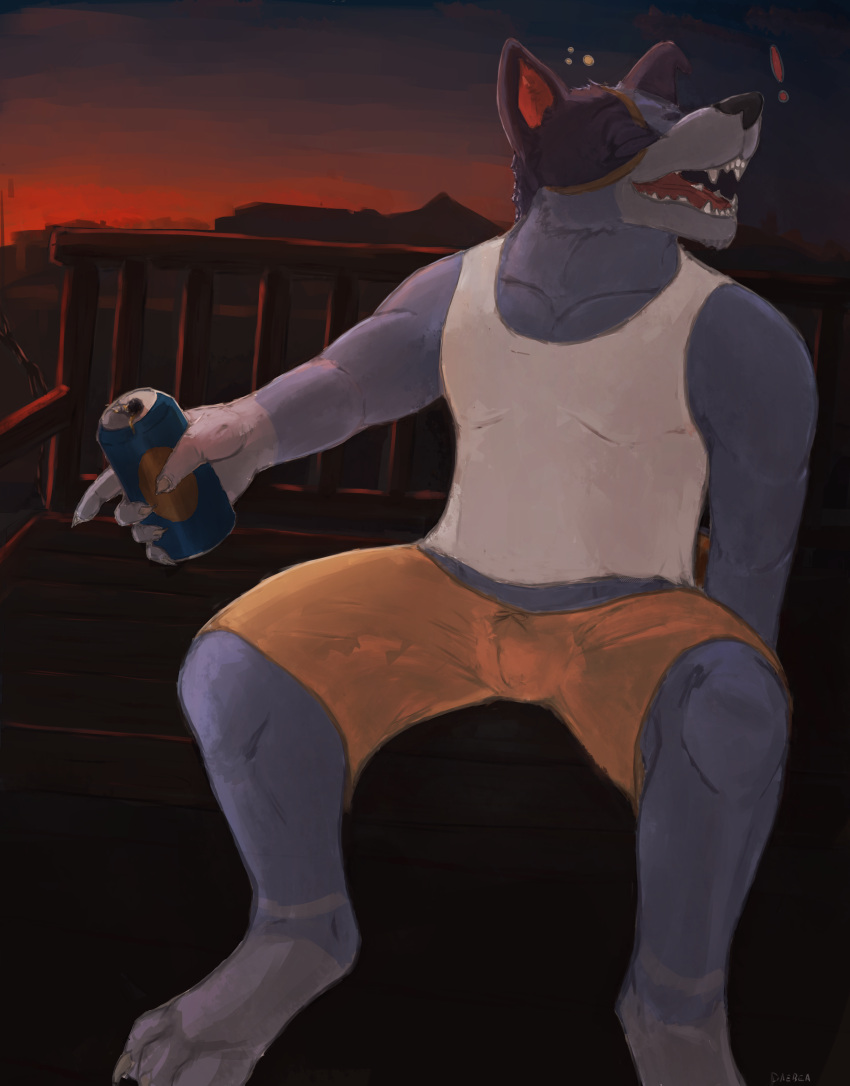 absurd_res alcohol anthro australian_cattle_dog beer beverage beverage_can blue_body bluey_(series) bubble bulge canid canine canis cattledog closed_eyes clothed clothing daebea detailed_background domestic_dog drinking drunk drunk_bubble fur garden happy herding_dog hi_res male mammal musclegut muscular open_mouth outside pastoral_dog paws shirt sitting sky slightly_chubby solo stripe_heeler stripes substance_intoxication sunset tank_top topwear