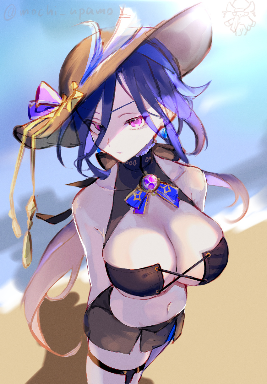 bare_shoulders bikini black_bikini breasts cleavage clorinde_(genshin_impact) female genshin_impact hat highres large_breasts long_hair looking_at_viewer low_ponytail mochi_upamo navel parted_bangs purple_eyes purple_hair solo straw_hat swimsuit thighs vision_(genshin_impact)