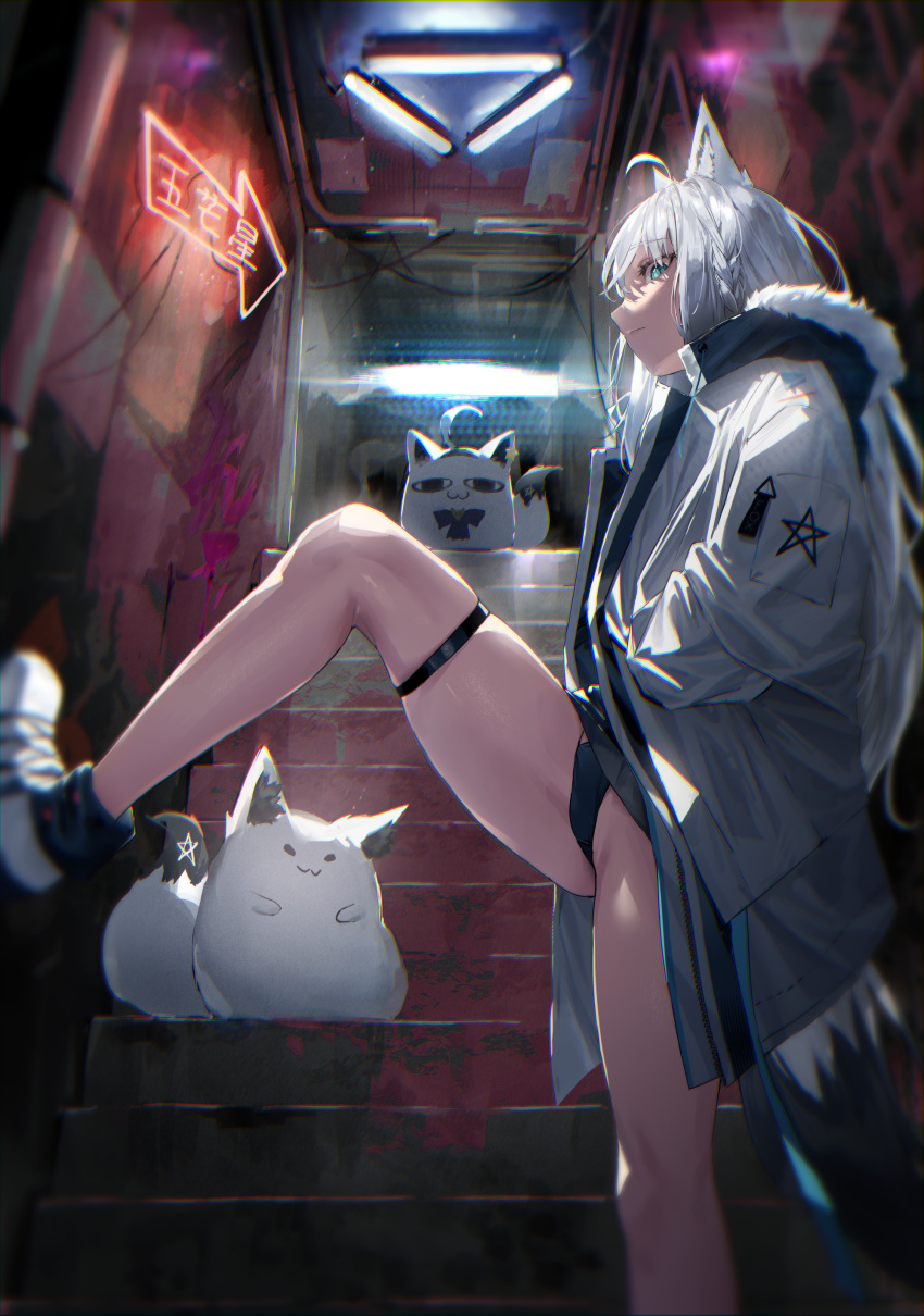 absurdres animal_ears aqua_eyes bare_legs braid female foot_against_wall fox_ears fox_girl fox_tail fubuzilla_(shirakami_fubuki) fur_trim hands_in_pockets highres hololive jacket kuroi_suna legs long_hair looking_at_viewer miteiru_(shirakami_fubuki) shirakami_fubuki shirakami_fubuki_(fubukitek) shoes side_braid skindentation solo stairs standing standing_on_one_leg tail thigh_strap thighs virtual_youtuber white_hair white_jacket