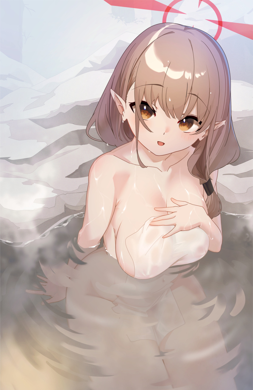 absurdres blue_archive blush breasts brown_eyes chinatsu_(blue_archive) chinatsu_(hot_spring)_(blue_archive) cleavage female halo highres large_breasts light_brown_hair long_hair naked_towel no_eyewear onsen open_mouth partially_submerged pointy_ears red_halo smile solo towel u-st_(uweiter) water white_towel