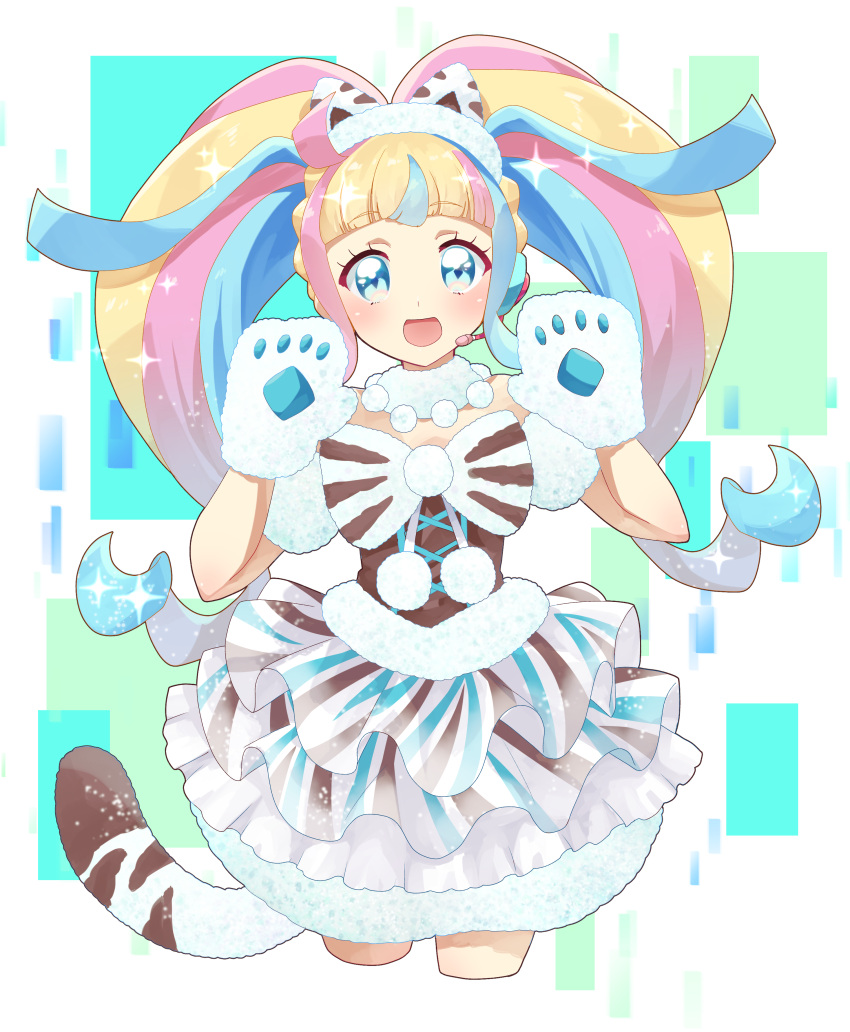 absurdres animal_ears animal_hands blue_eyes blunt_bangs bow choker corset cropped_legs daia_(pri_chan) eyelashes fake_animal_ears fake_tail female fur_choker headset highres kiratto_pri_chan looking_at_viewer minoco_(sana_moko) multicolored_hair open_mouth pom_pom_(clothes) pretty_series solo striped striped_bow tail twintails white_bow white_choker